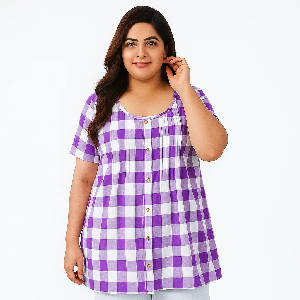 Purple Buffalo Plaid knit Pintucks Tunic PSW-5780
