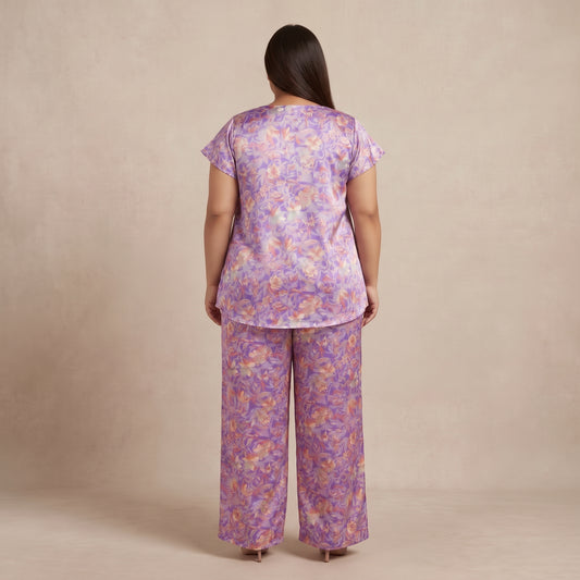 Purple Floral Print Silk Co-Ord Set for Women featuring an elegant floral pattern