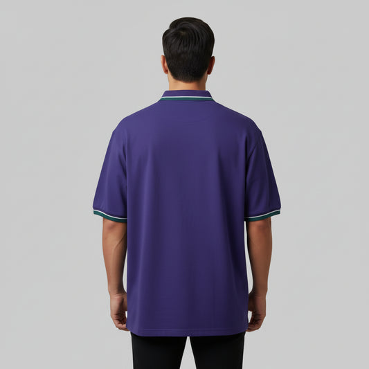 Purple Plus Size Polo Shirt with Pocket & Green Tipped Collar PSM-10736