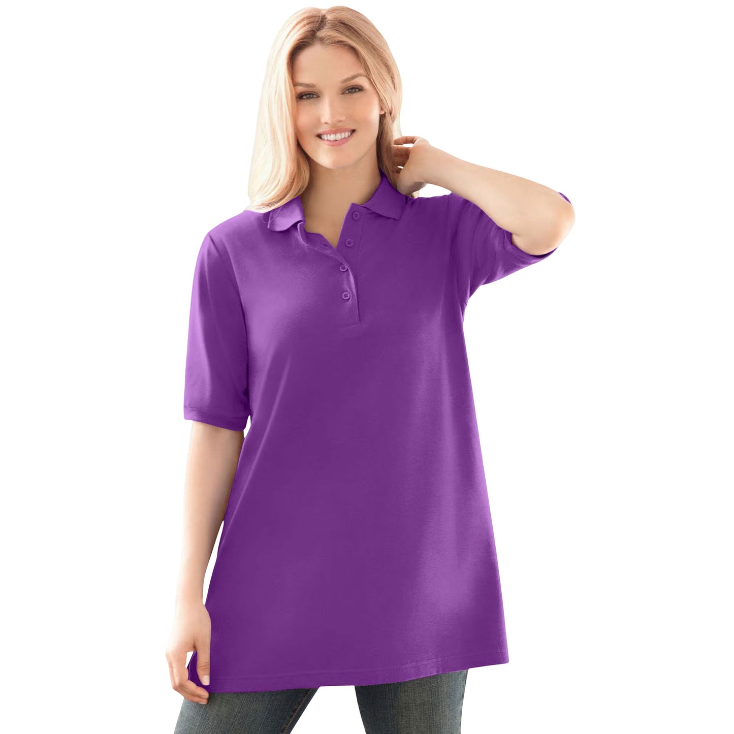 Radiant purple women’s elbow sleeve polo shirt with collar and relaxed fit