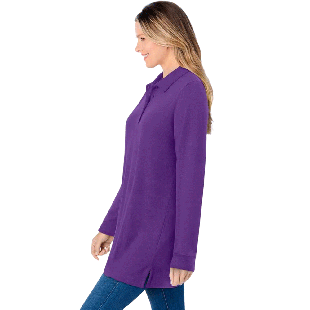 Radiant purple long-sleeve polo shirt with collar and button placket, made from soft knit fabric, shown on a plus-size mannequin.