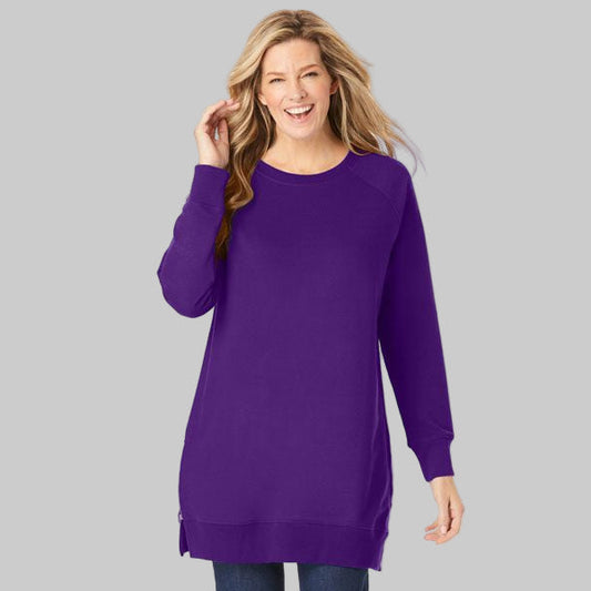 Radiant Purple Side Zip Sweatshirt with crew neckline and functional side zippers — soft French terry women’s casual pullover.