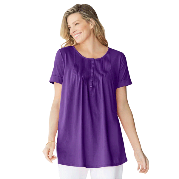 Radiant Purple Short Sleeve Pintucked Henley Tunic PSW-9231