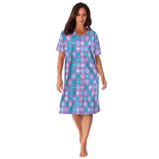 Radiant Violet Argyle Short Print Sleepshirt with playful violet argyle print, ribbed V-neck, short sleeves, and A-line silhouette – women’s 40-inch cotton sleepwear.