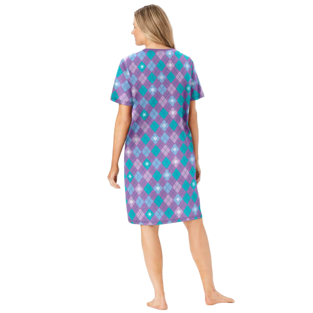 Radiant Violet Argyle Short Print Sleepshirt with playful violet argyle print, ribbed V-neck, short sleeves, and A-line silhouette – women’s 40-inch cotton sleepwear.
