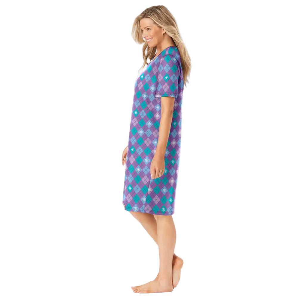 Radiant Violet Argyle Short Print Sleepshirt with playful violet argyle print, ribbed V-neck, short sleeves, and A-line silhouette – women’s 40-inch cotton sleepwear.