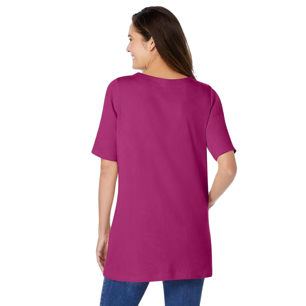 Plus-size 2-in-1 tunic with a notch neckline, striped contrast inset, and embroidered detail. Relaxed fit with elbow-length sleeves and a 30” tunic length.