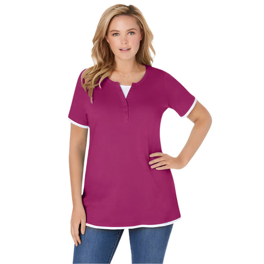 Raspberry Layered-Look Henley Tee with Button Neckline – Short Sleeve Cotton-Blend Top for Women in Pakistan