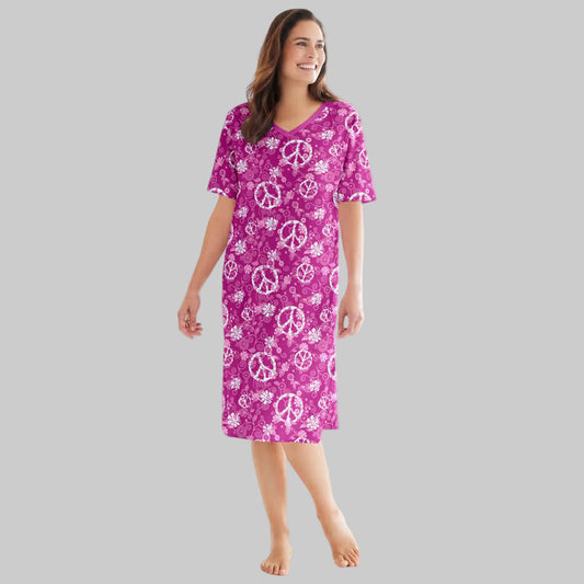 Raspberry Peace Sign Plus Size Short Sleepshirt with V-neck and A-line silhouette.