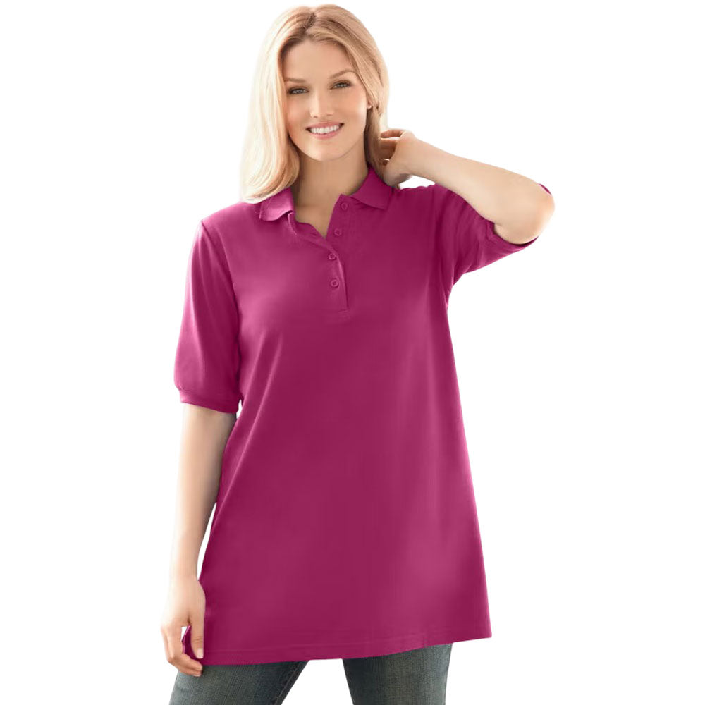Raspberry Short Sleeve Polo T-Shirt with Button Placket – Relaxed Fit Cotton Tee