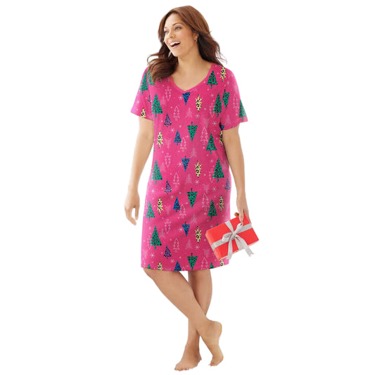 Raspberry Sorbet Short Print Sleepshirt with whimsical prints, ribbed V-neck, short sleeves, and A-line silhouette – women’s 40-inch cotton sleepwear.
