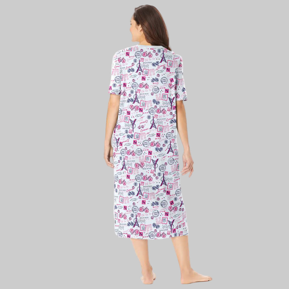 Stay cozy in the Raspberry Sorbet Paris Long Print Sleepshirt. Pure cotton, 46" length, V-neckline & side slits for breathable bedtime comfort.