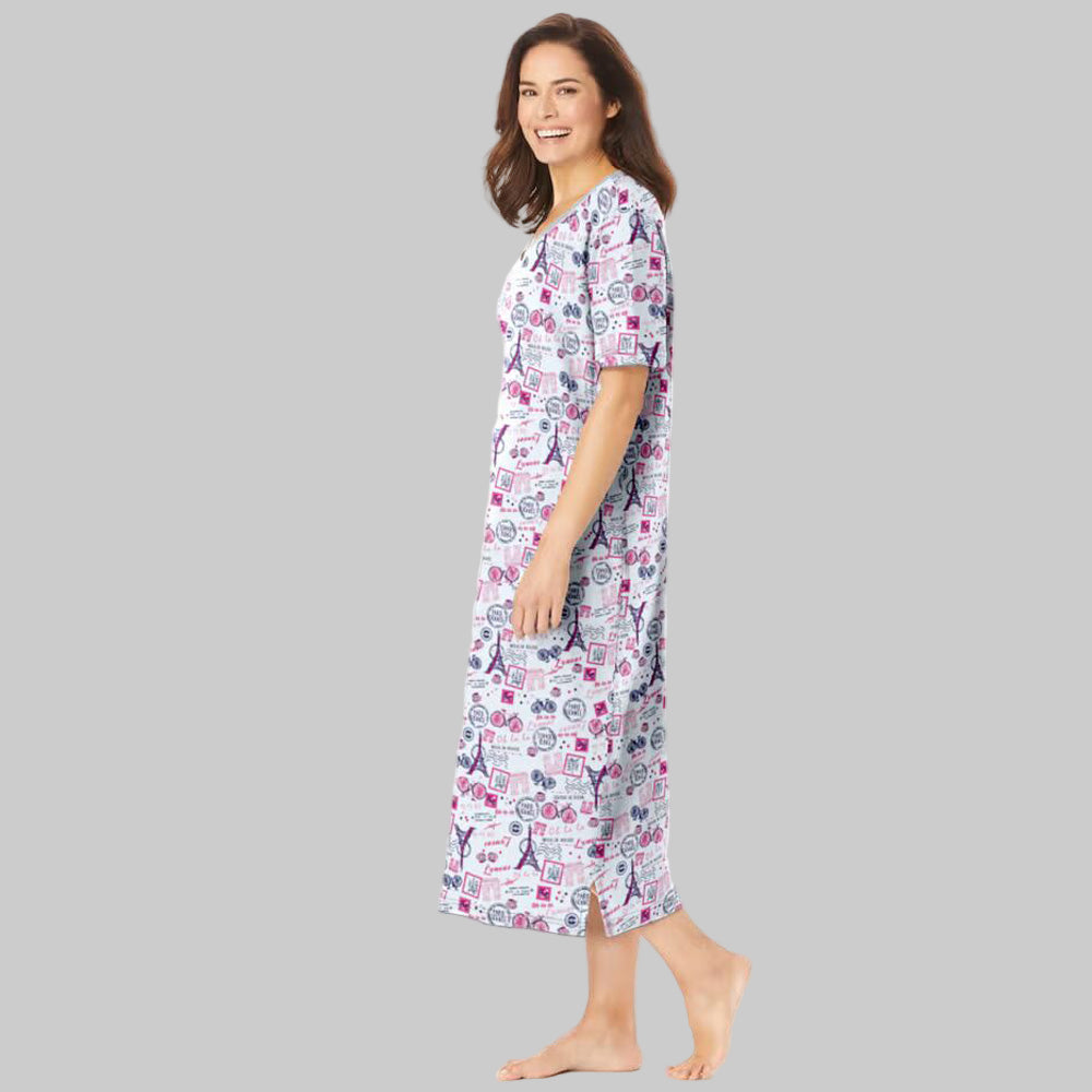 Stay cozy in the Raspberry Sorbet Paris Long Print Sleepshirt. Pure cotton, 46" length, V-neckline & side slits for breathable bedtime comfort.