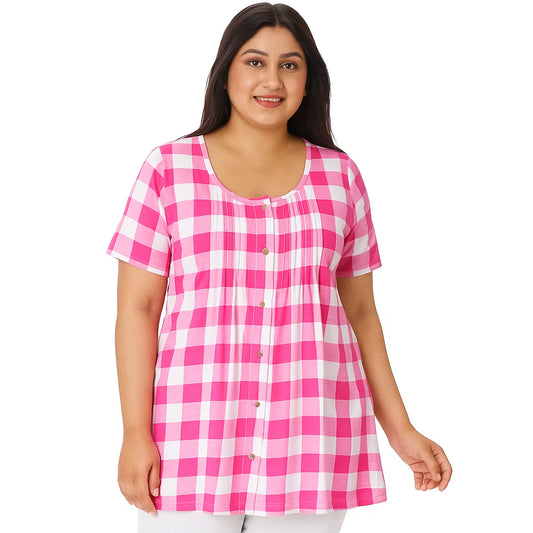 Raspberry buffalo plaid knit tunic with pintuck detailing and hidden pockets