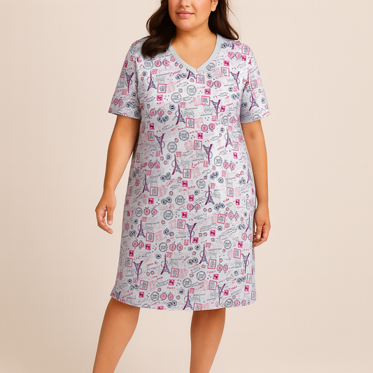 Raspberry Sorbet Paris Short Print Cotton Sleepshirt with ribbed V-neck and short sleeves – women’s nightwear"