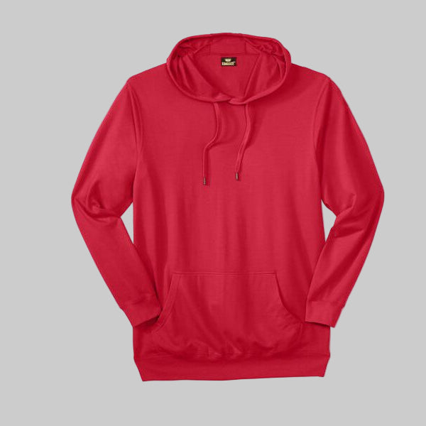 Red lightweight terry hoodie with drawstring hood, ribbed cuffs and hem, and front pouch pocket, made from soft cotton-poly blend fabric.
