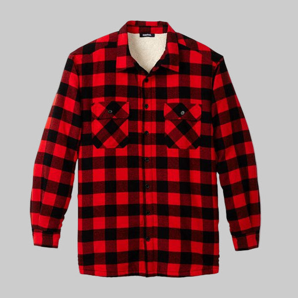 Plus-size man wearing a red buffalo check flannel sherpa-lined shirt with button front and chest pockets, photographed on a clean white studio background.