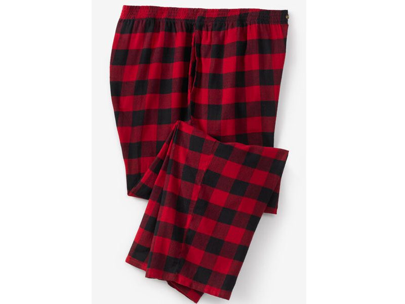 Red and black buffalo plaid flannel pajama pants with elastic waist and side pockets