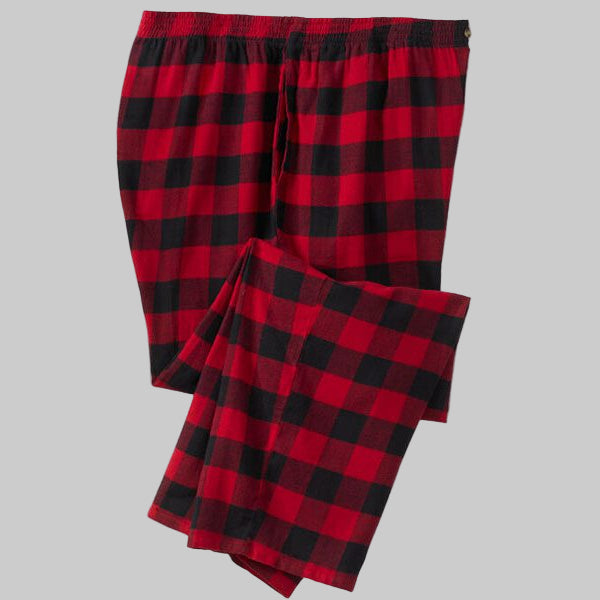 Red and black buffalo plaid flannel pajama pants with elastic waist and side pockets