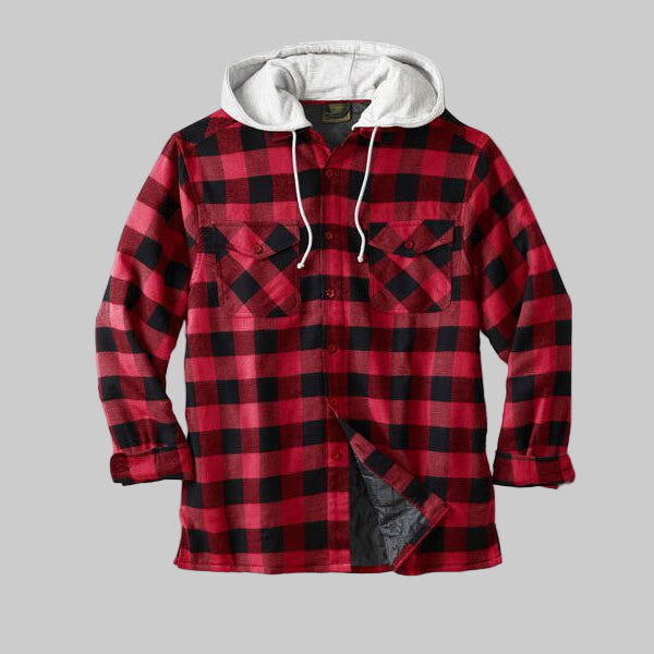 Red buffalo plaid men’s hooded shirt jacket with removable fleece hood, button-down front, and side pockets on white background.