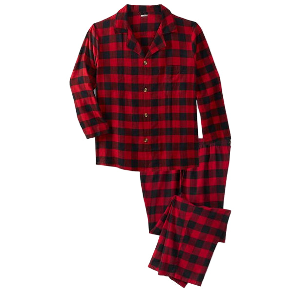 Plus size men’s red buffalo plaid flannel pajama set with button-front shirt and elastic waist pants, made from soft 100% cotton.