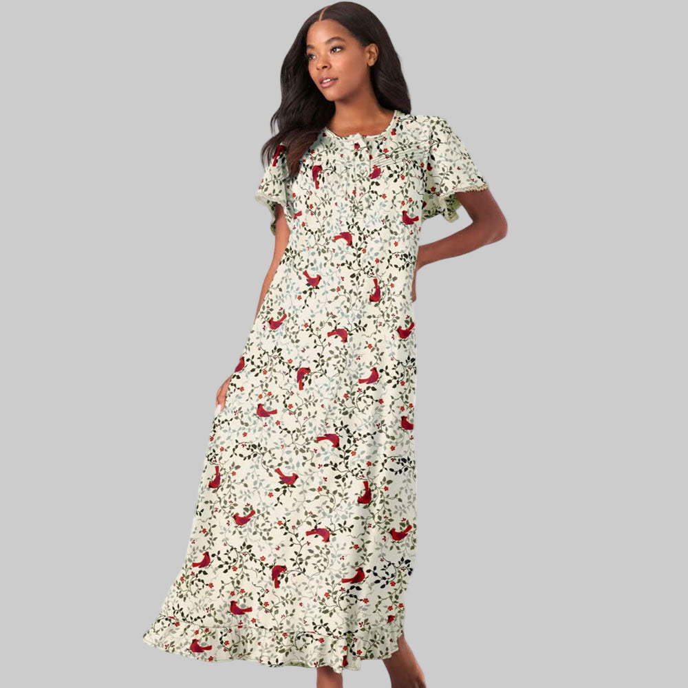 Red Cardinals Long Floral Print Cotton Gown PSW-5048