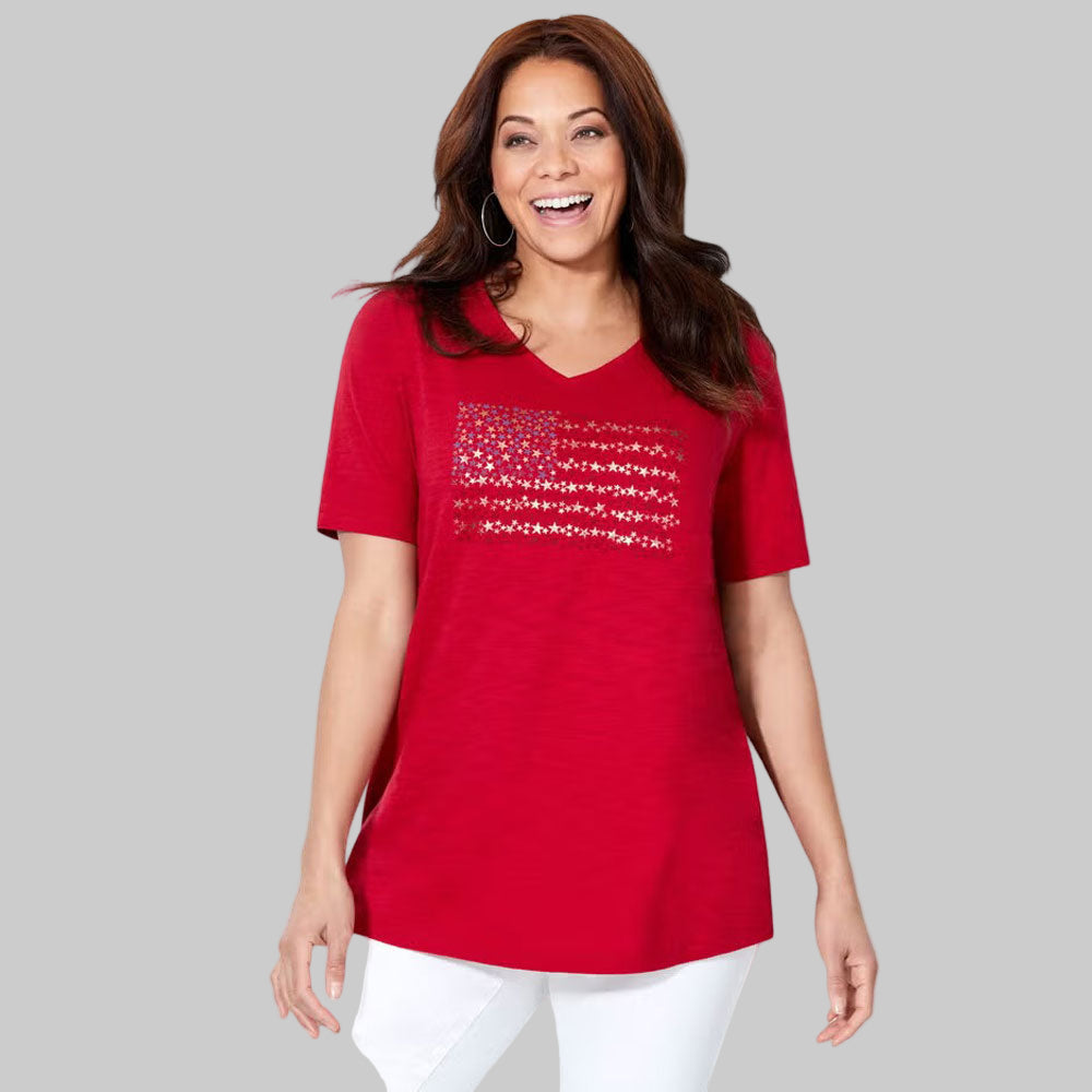 Plus-size V-neck tee with an abstract stars and stripes design, silvertone accents, and a relaxed fit. Made from soft, breathable cotton knit.