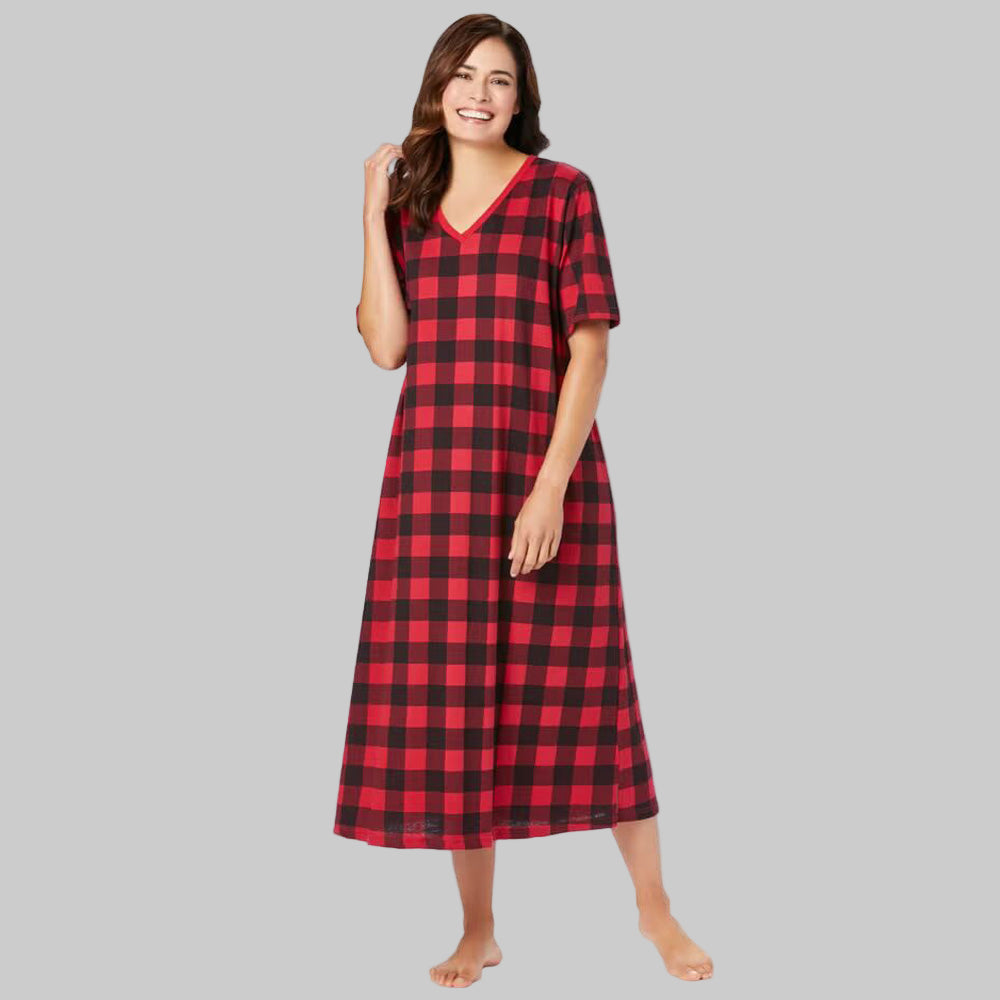 Red Plaid Plus Size Long Sleepshirt with V-neck and side-slit A-line design.