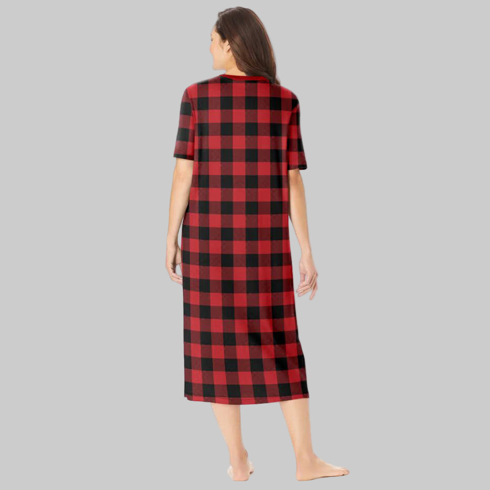 Red Plaid Plus Size Long Sleepshirt with V-neck and side-slit A-line design.