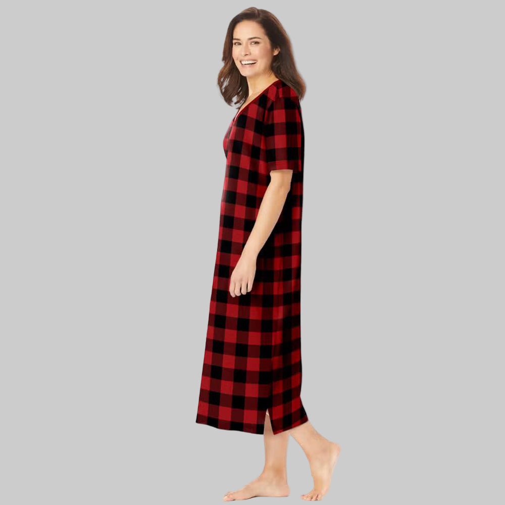 Red Plaid Plus Size Long Sleepshirt with V-neck and side-slit A-line design.