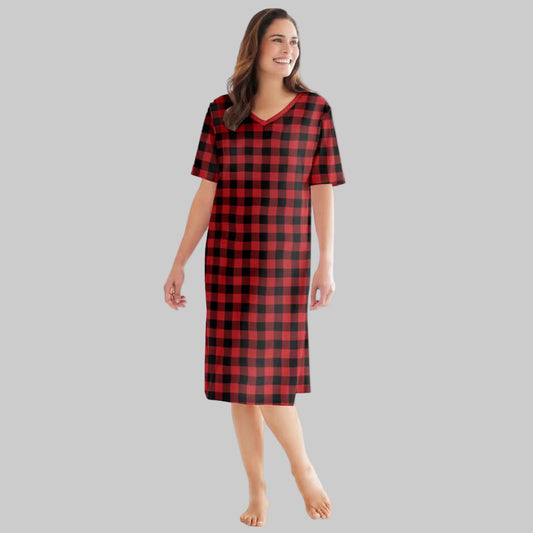 Red Plaid Plus Size Short Sleepshirt with V-neck and A-line silhouette.
