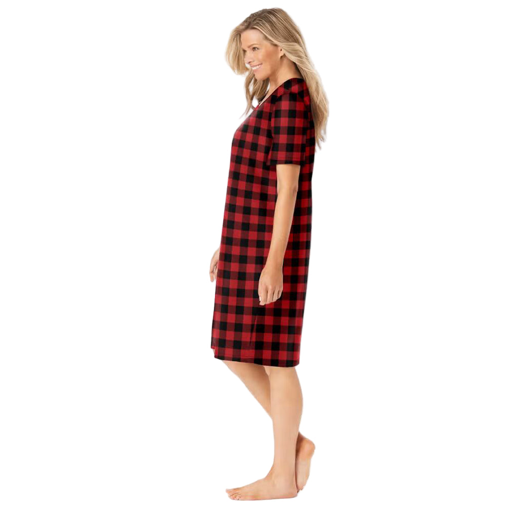 Red Plaid Plus Size Short Sleepshirt with V-neck and A-line silhouette.