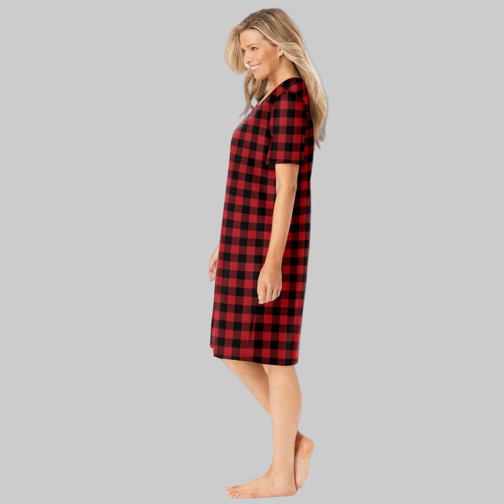 Red Plaid Plus Size Short Sleepshirt with V-neck and A-line silhouette.
