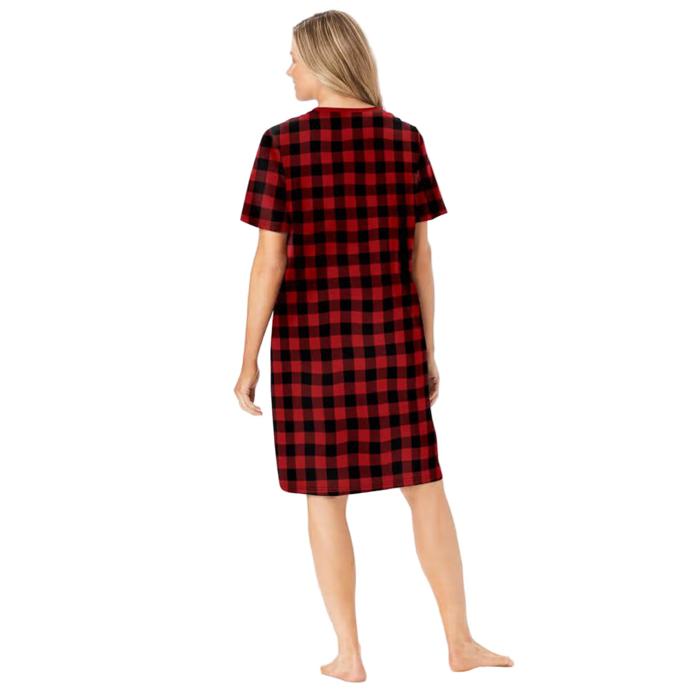 Red Plaid Plus Size Short Sleepshirt with V-neck and A-line silhouette.