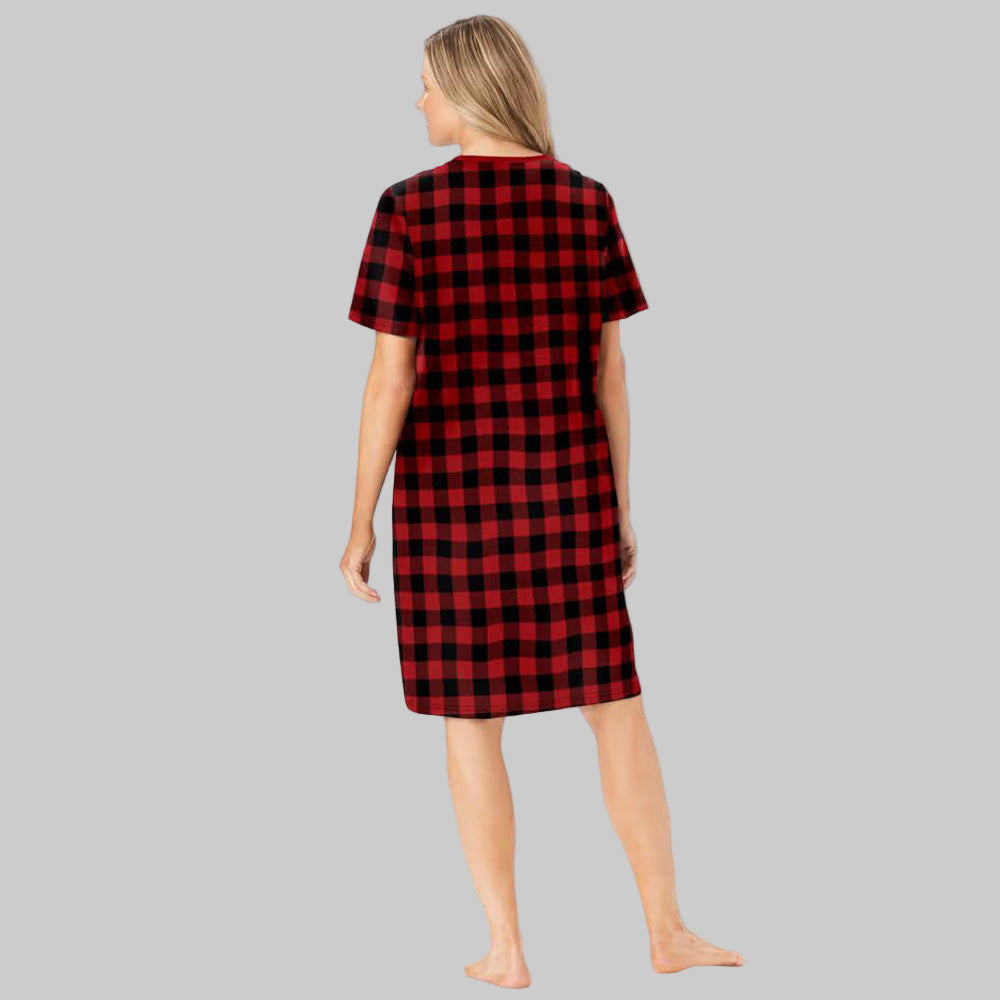 Red Plaid Plus Size Short Sleepshirt with V-neck and A-line silhouette.