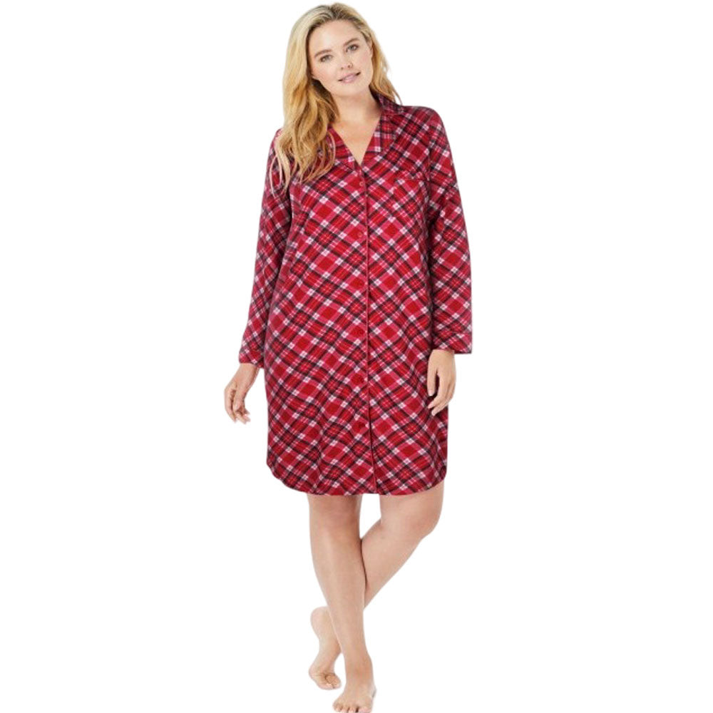 Plus size red plaid sleep shirt with button front and long sleeves