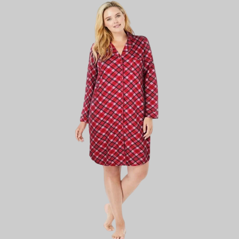 Plus size red plaid sleep shirt with button front and long sleeves