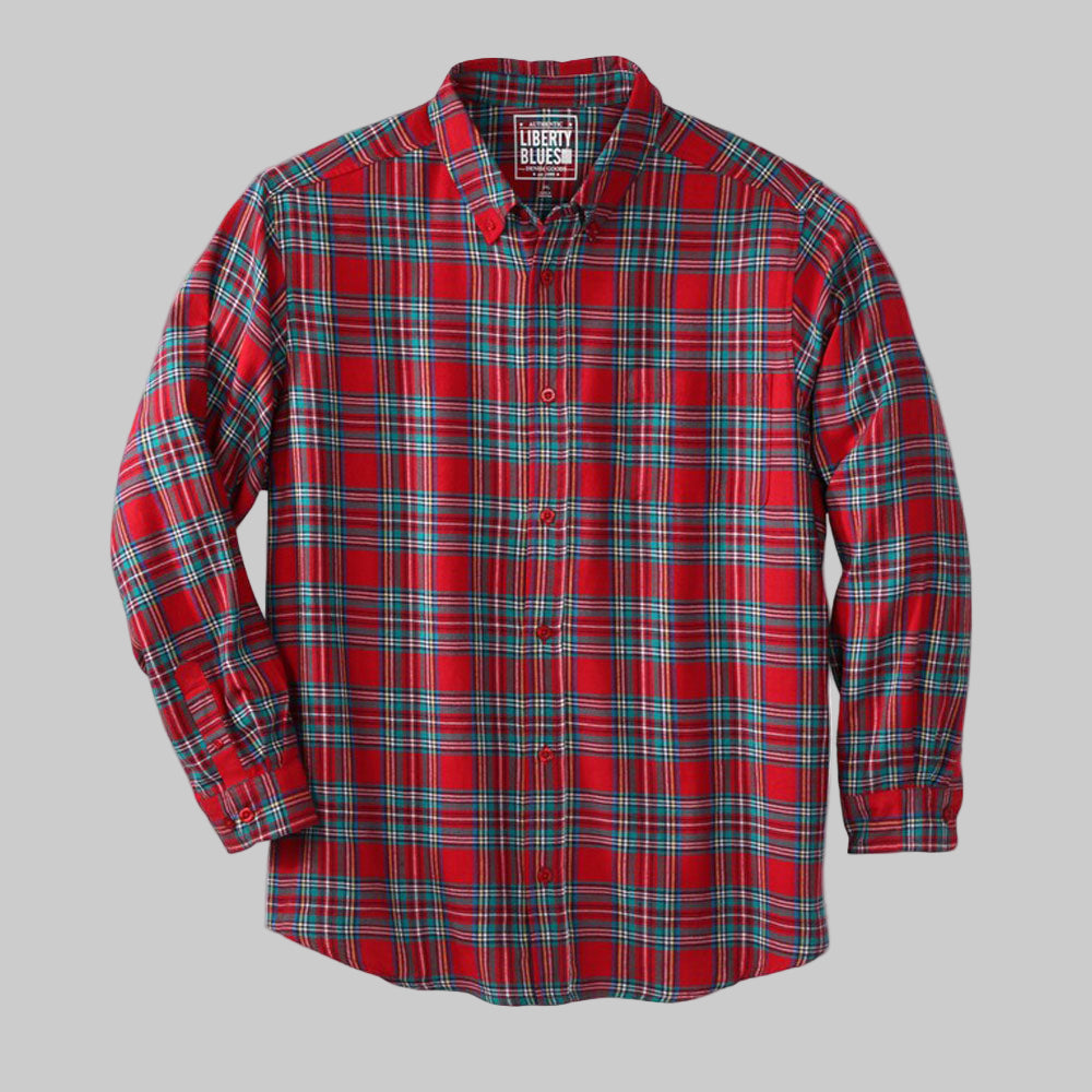 Flat-lay of Red Tartan Plaid Flannel Shirt on neutral background