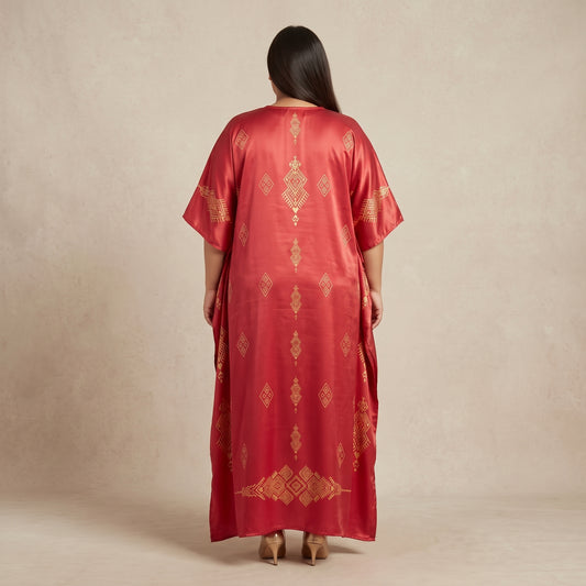 Red and Gold Printed Maxi Kaftan for Women with Relaxed V-Neckline and Wide Flowing Sleeves