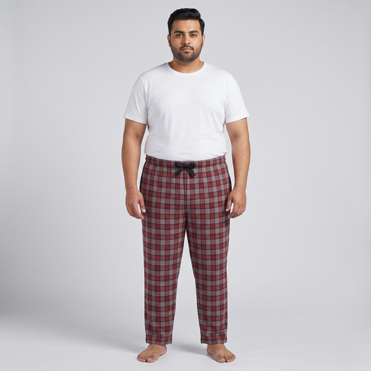 Red & Grey Plaid Plus Size Jersey Lycra Trousers PSM-9560
