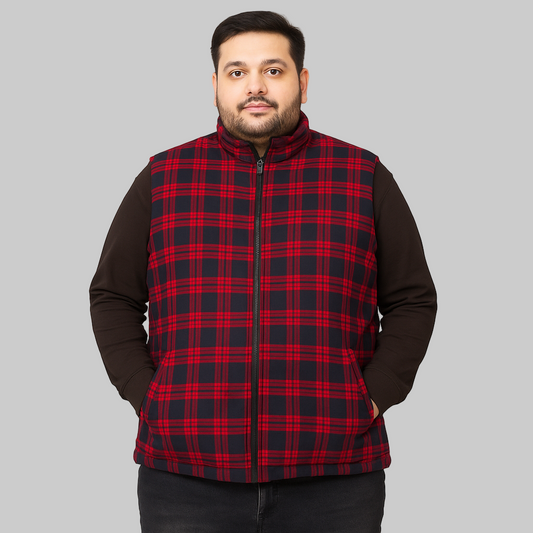 Red & Navy Checkered Plus Size Sleeveless Puffer Vest PSM-9990
