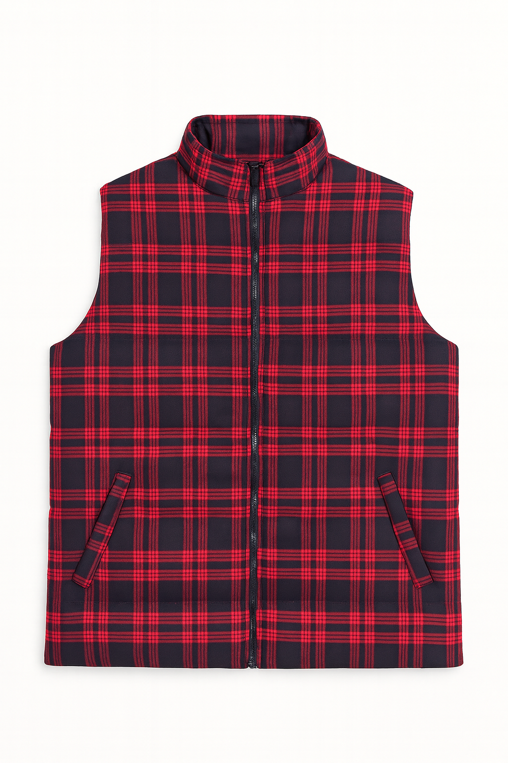 Red & Navy Checkered Plus Size Sleeveless Puffer Vest PSM-9990