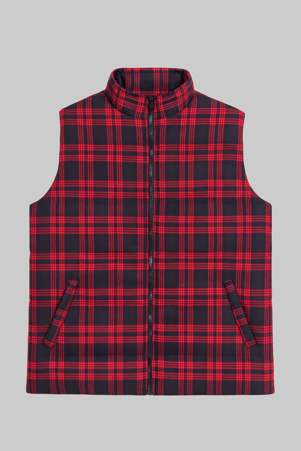 Red & Navy Checkered Plus Size Sleeveless Puffer Vest PSM-9990