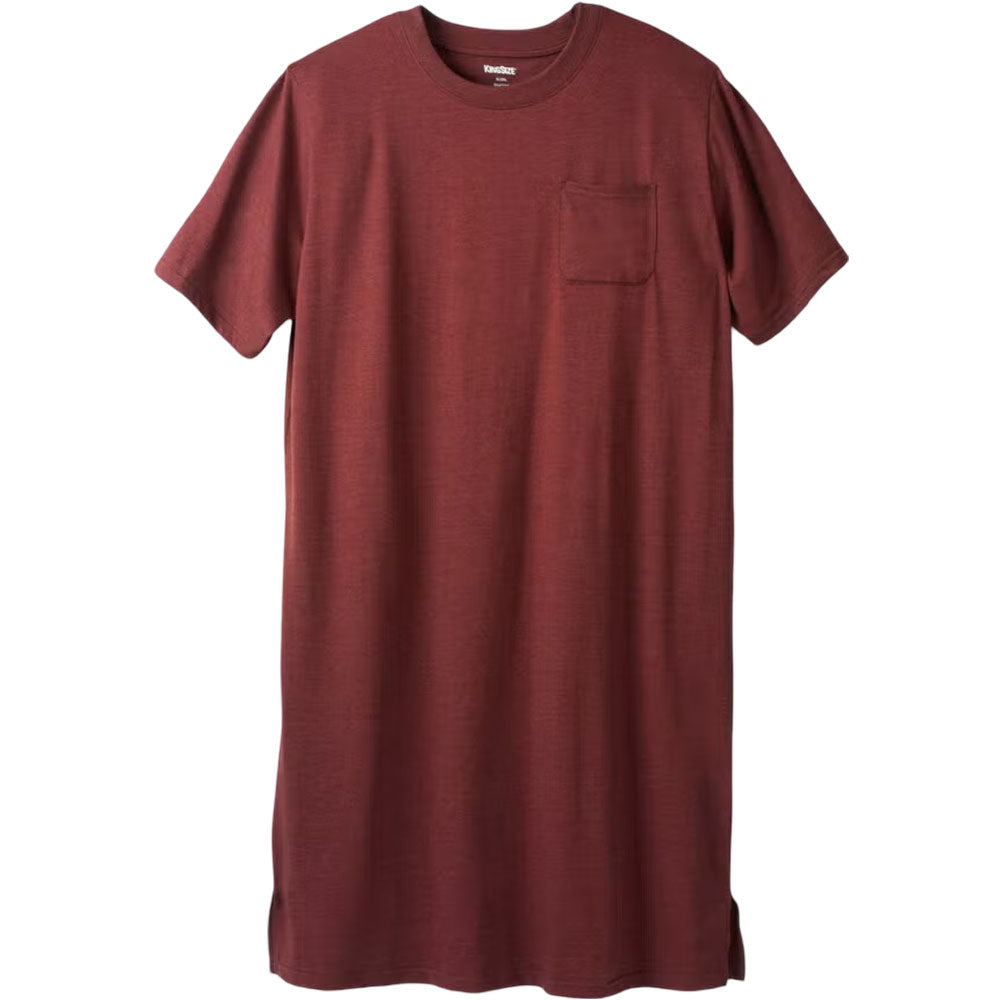 Rich burgundy sleeveless nightshirt laid on white linen with close-up of fabric texture and hem detail"