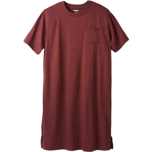 Rich burgundy sleeveless nightshirt laid on white linen with close-up of fabric texture and hem detail"