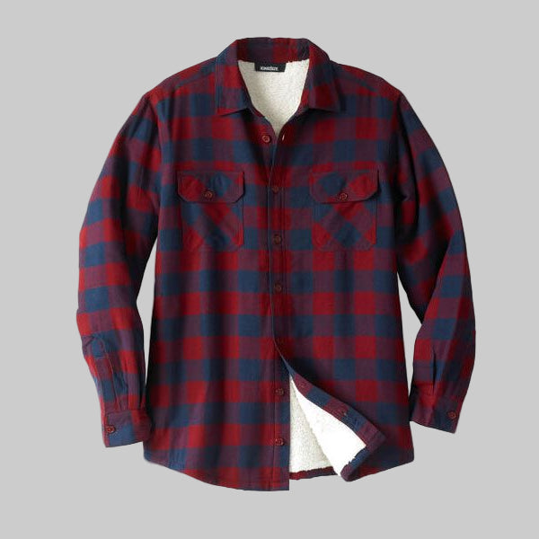 Plus-size man wearing a rich burgundy plaid flannel shirt with sherpa lining, button-down front, and long sleeves against a white background.