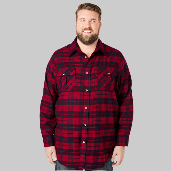 Rich burgundy plaid flannel shirt with chest pockets and soft cotton fabric in Big & Tall fit