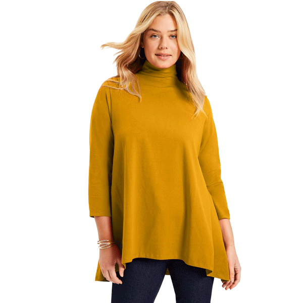 Rich Gold Mock-Neck Tunic – 3/4 Sleeve Cotton Top with High-Low Hem