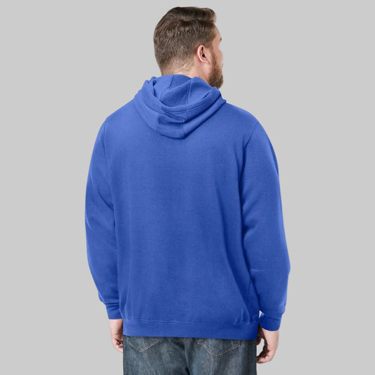 Royal blue fleece pullover hoodie with front pouch pocket, drawstring hood, and relaxed big and tall fit on a plain background.