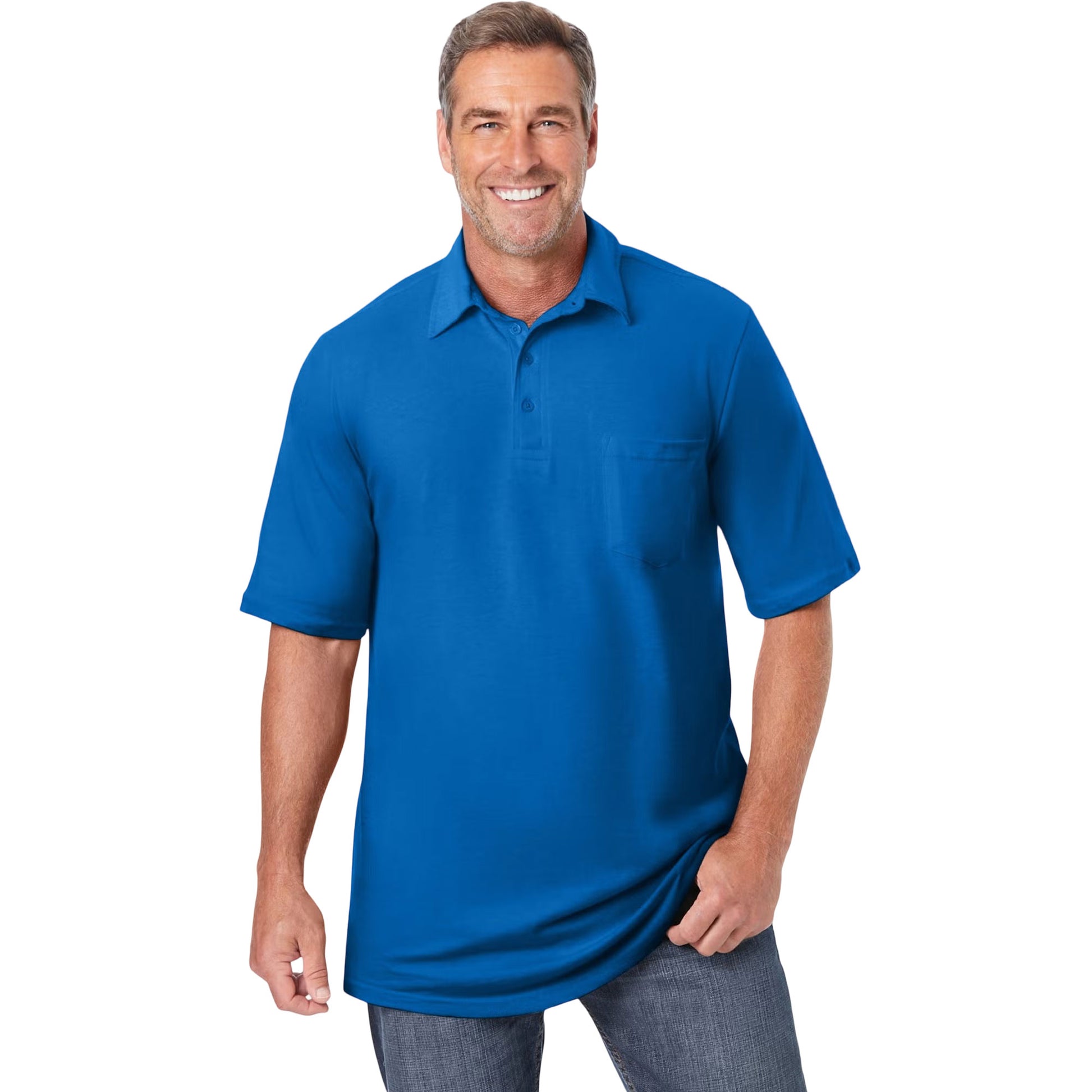Flat lay of Royal Blue Jersey Big & Tall Polo Shirt with chest pocket and dyed-to-match buttons